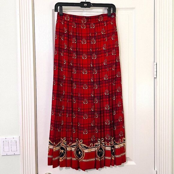 Vintage Susan Bristol Red Black & Gold Tartan Pleated Midi Skirt Fox Hunt Themed - Picture 1 of 9